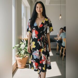 Halogen Black Wrap Midi Dress with Red, Yellow, Blue & Pink Floral Print large